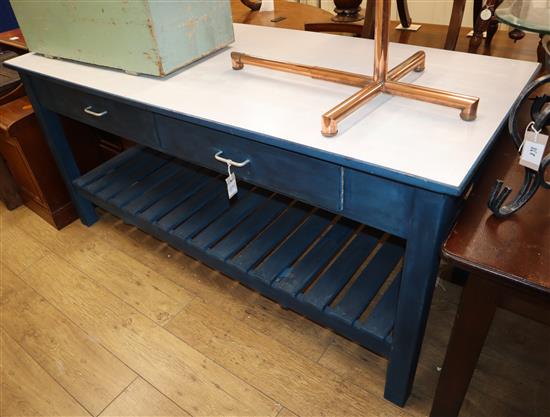 A blue painted kitchen island / table W.183cm